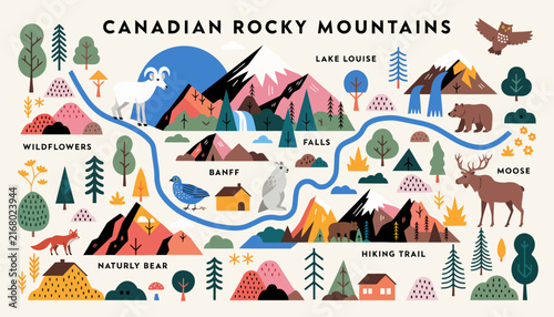 Canadian Rocky Mountains Map Illustration: Wildlife, Scenery, & Adventure - Banff, Lake Louise