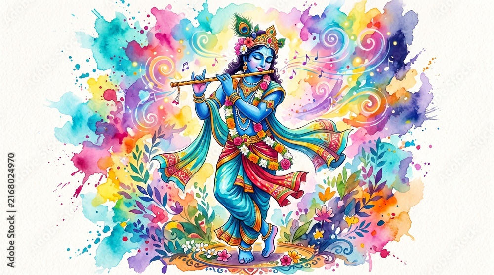 Fototapeta premium Lord krishna playing flute with musical notes