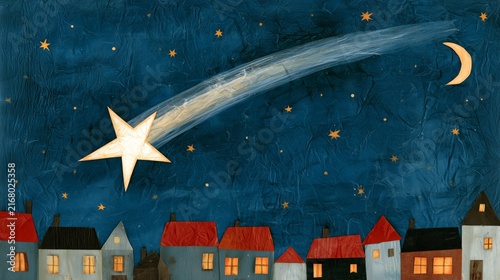Bright star and moon over small houses during night sky