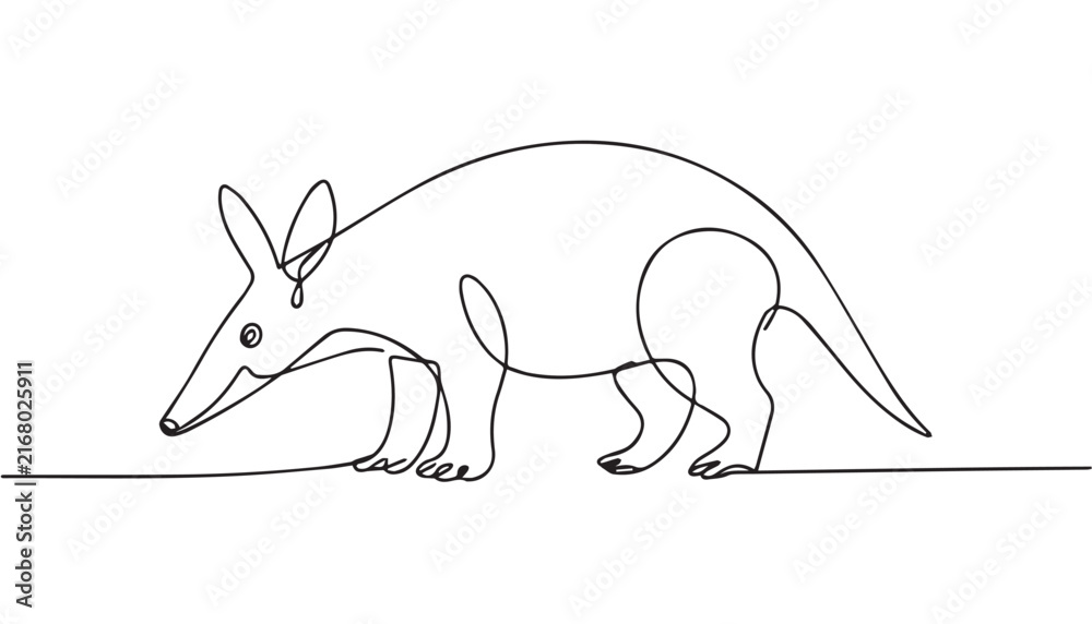 Naklejka premium Title: Continuous simple black line art drawing of a aardvark in a minimalist style on a white background.