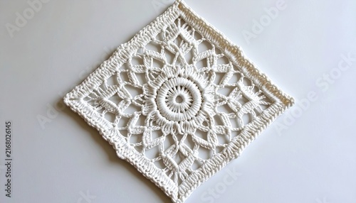 White geometric diamond-shaped crochet lace doily with intricate openwork pattern, detailed yarn structure, elegant handmade craft
