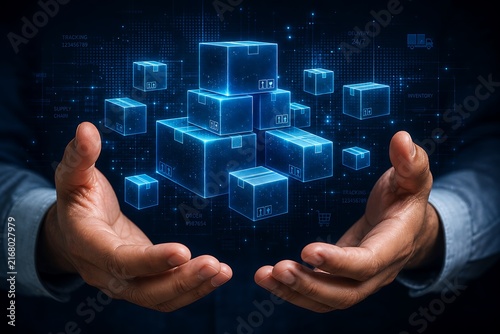 Hands holding glowing blue digital cityscape with interconnected data blocks