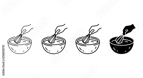 Hand Whisking Batter in Bowl Icons, Cooking Preparation Vector Graphics, Culinary Process Symbols