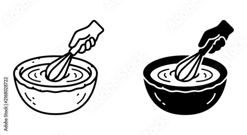 Hand Whisking Batter in Bowl, Kitchen Utensil Icon Set, Food Preparation Vector Graphics