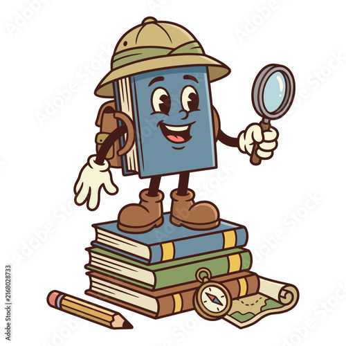 Cartoon book character explorer with safari hat and magnifying glass standing on a stack of books with a map and compass.