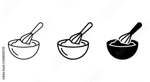 Whisking Batter in Bowl Icons, Cooking Preparation Vector Set, Culinary Mixing Tools