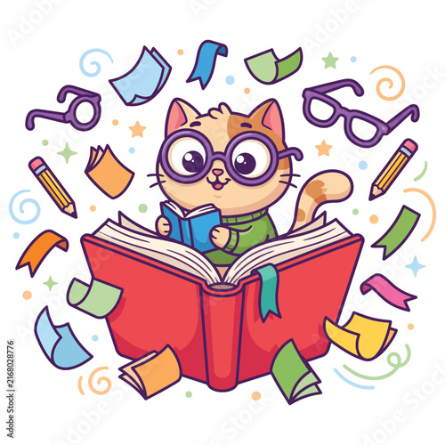 A cute cartoon cat wearing glasses, happily reading a book, surrounded by floating books, pages, pencils, and eyeglasses.