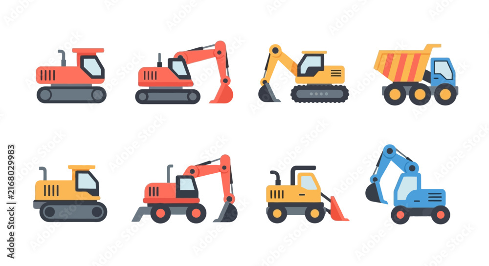 Naklejka premium A collection of flat vector icons representing various heavy construction machinery including excavators and dump trucks for engineering projects