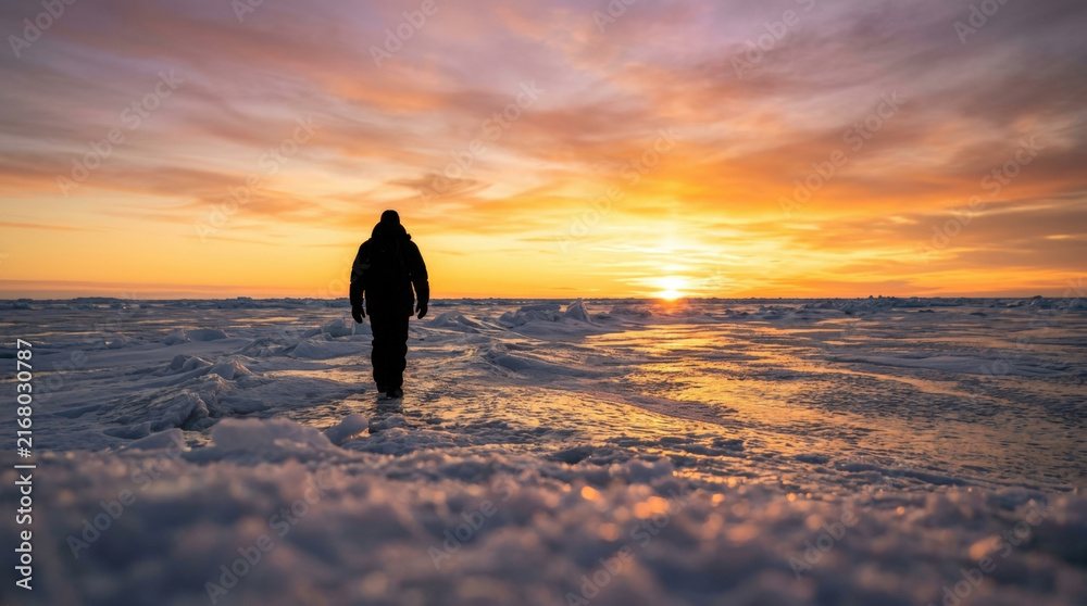 Obraz premium Solitary adventurer bundled in winter gear walks across frozen ice landscape towards bright orange sunset on horizon line.