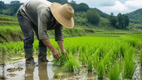 Worker transplanting rice seedlings in flooded paddy field