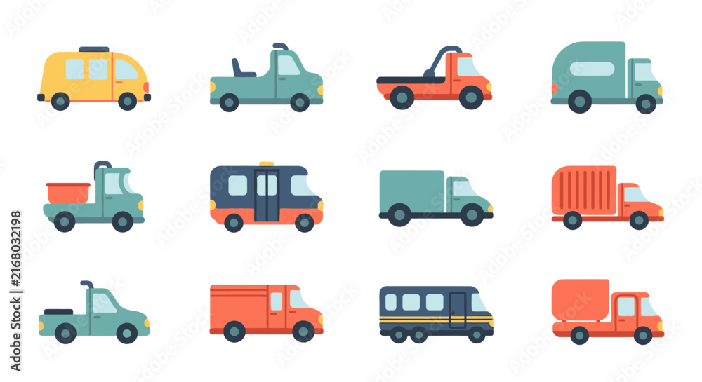 Fototapeta premium A collection of flat vector vehicle icons featuring various types of trucks vans and commercial transport machines for logistics design