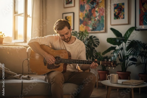 Young Man Playing Acoustic Guitar in Cozy Living Room, Warm Sunlight Streaming Through Window, Surrounded by Houseplants and Colorful Artwork, Soft Earth Tones, Capturing Creative Serenity