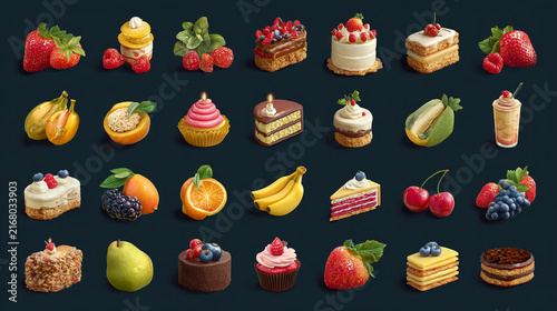 Selection of gourmet cakes and fresh berries on a dark background with chocolate, delicious.
