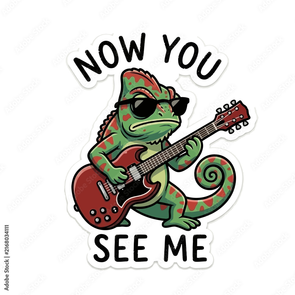 Naklejka premium Cool cartoon chameleon wearing sunglasses playing electric guitar with text now you see me sticker design.
