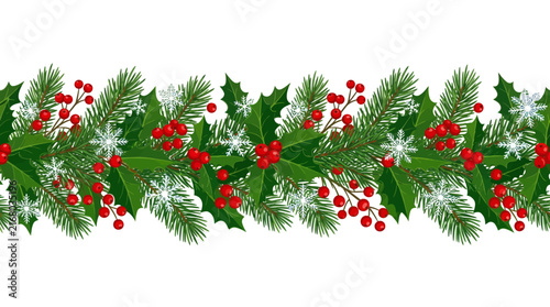 Festive Christmas Garland with Pine Branches Holly Berries.