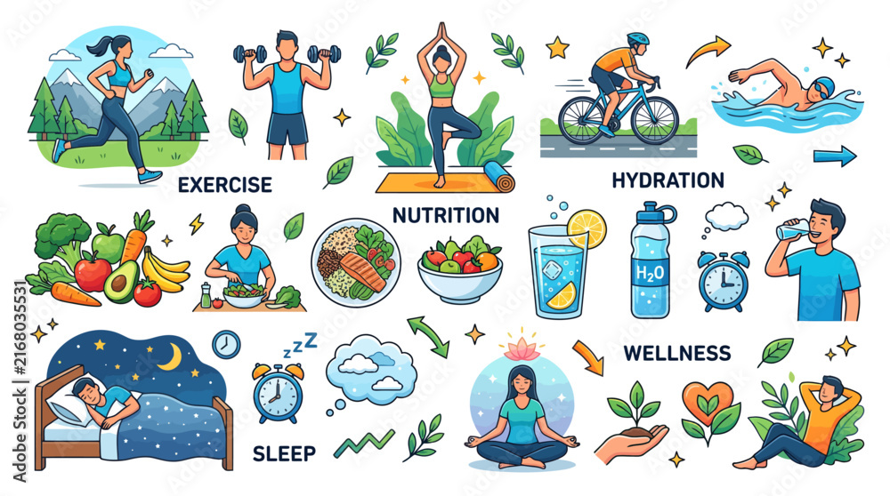 Fototapeta premium Healthy Lifestyle and Wellness Activities Illustration Set.
