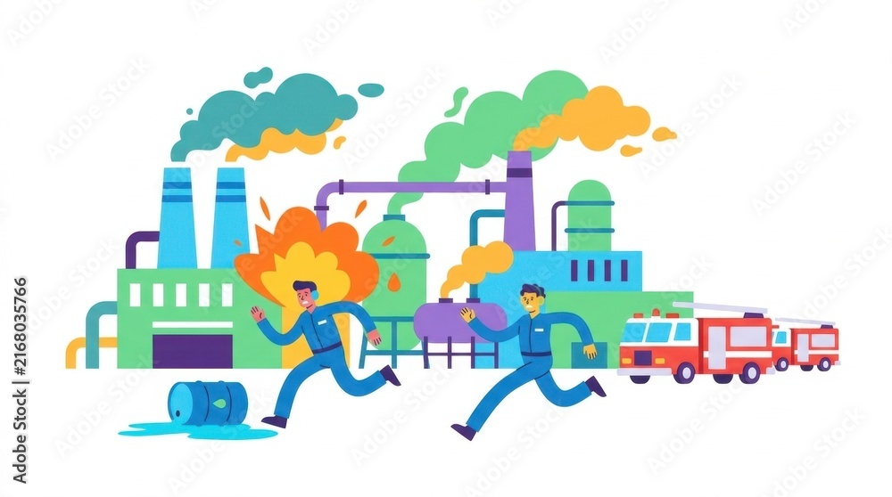 Naklejka premium Industrial accident with factory fire and fleeing workers illustration