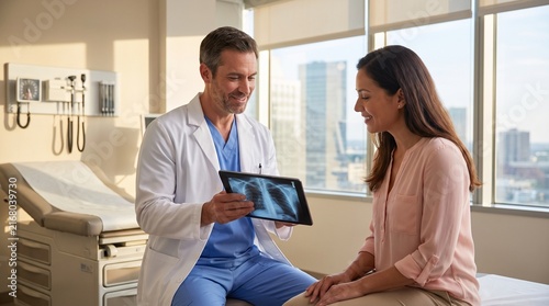 Doctor showing x-ray on tablet to female patient in clinic