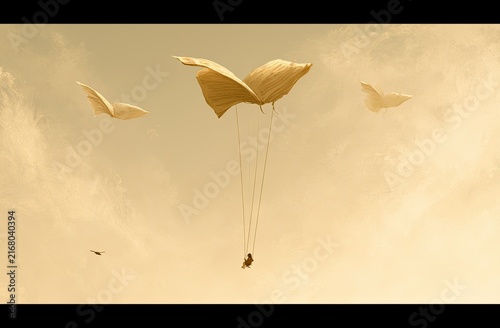 Delicate, petal-shaped forms float through hazy, sun-drenched skies with figures