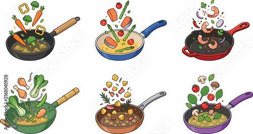 Frying Pans With Flying Fresh Food Ingredients Vector Illustration Set Isolated On White Background