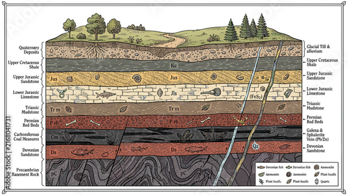 Bild auf Leinwand Geological Strata Layers with Fossils and Minerals