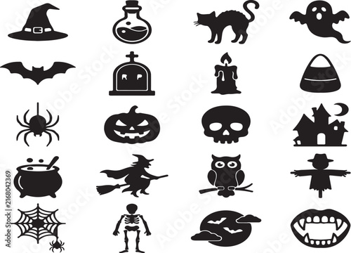Halloween Silhouette Pumpkin Witch Ghost Skull Bat Icon Clipart Cut File