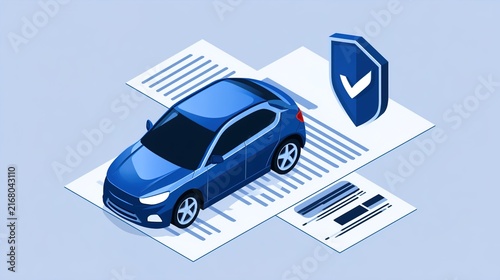 Blue Car On Insurance Documents With Protection Shield Icon