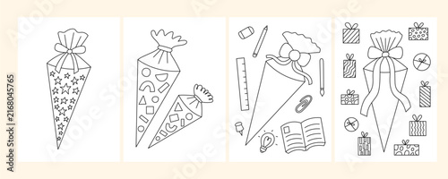 Kids School Cone Coloring Page Set. German Candy Cone Coloring Book Kit. Outline School Start Children Collection. Back to School Vector Template for Coloring Drawing
