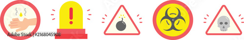 Hazard warning icons set with hand burn symbol