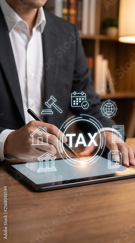 Businessman in a suit using a digital tablet to manage tax documentation with glowing for legal, financial, and accounting services online
