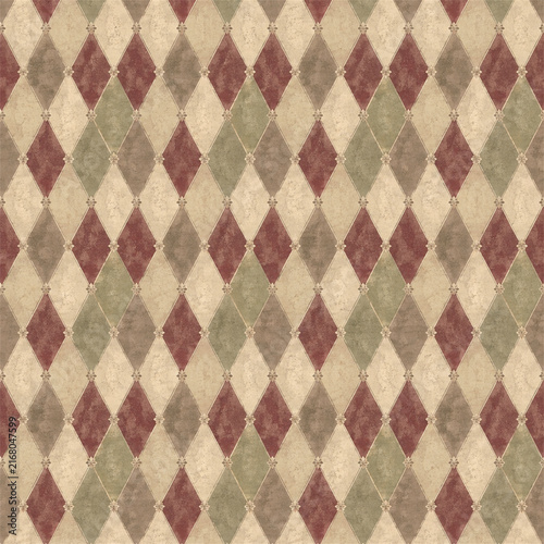 Vintage harlequin diamond pattern in muted burgundy sage beige and cream tones with softly distressed texture and repeating geometric rhythm for timeless wallpaper fabric and decor