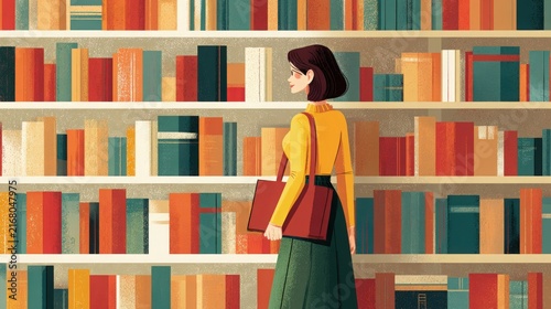 Brunette woman wearing yellow sweater standing before colorful bookshelves inside a quiet library with textured illustrations
