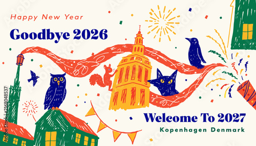 New Year celebration in Copenhagen, Denmark, 2027 welcome