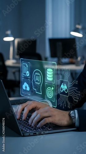 Business person using a laptop with a glowing digital dashboard displaying artificial intelligence, data storage, and target for business