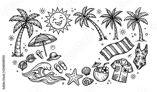 Картината върху платно Tropical Summer Doodle Icons Palm Trees Sun Waves Sunglasses and Beachwear Vecto
