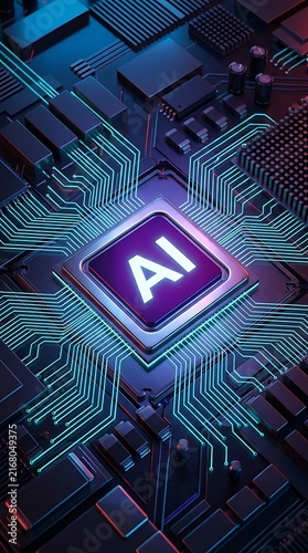 Artificial intelligence concept with a glowing ai on a central computer chip surrounded by intricate blue circuit board pathways
