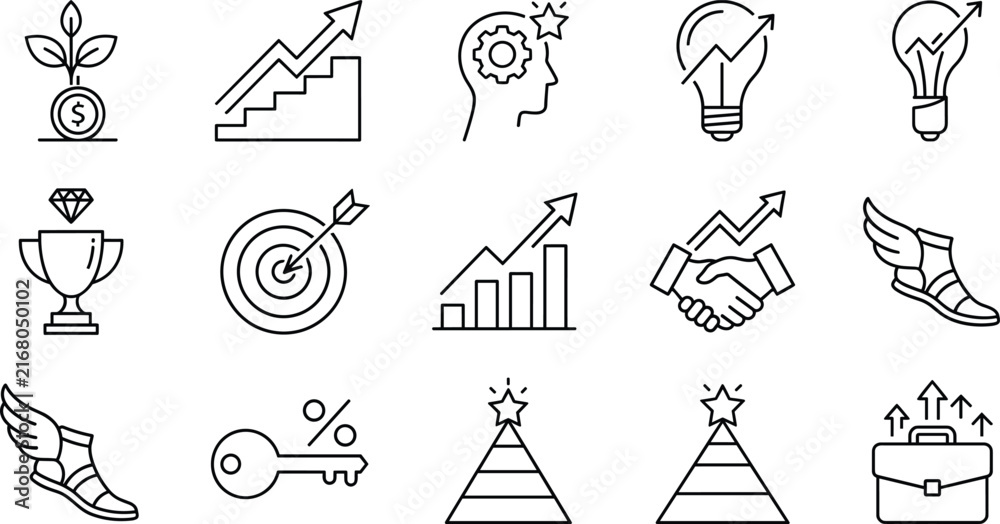 Fototapeta premium Business Growth and Strategy Line Icon Set with Financial Charts Trophy Target Handshake Lightbulb and Winged Sandal Symbols for Corporate Success Branding Graphic Design Elements