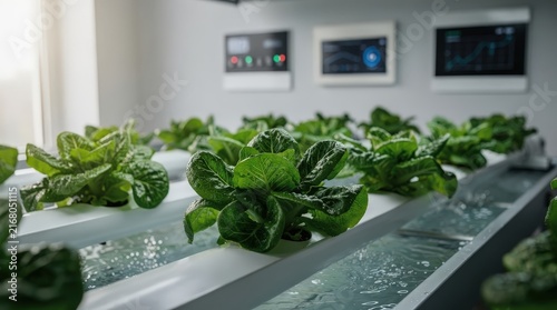 Lush Green Lettuce Growing in Modern Hydroponic Farm, Bright Natural Light Illuminating High-Tech Indoor Setting, Digital Monitors Displaying Data, Clean and Sustainable Agriculture Concept