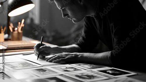 Artist concentrating intently while sketching designs on paper at a desk with warm lamp light