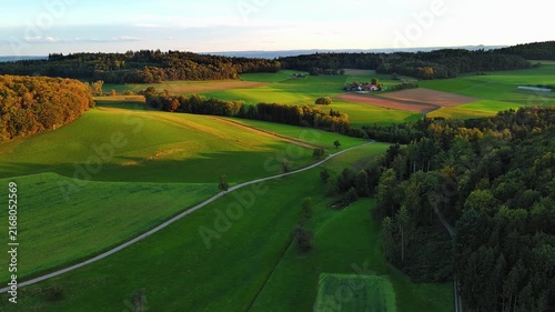 Aerial View of Scenic Rural Landscape at Golden Hour Sunset