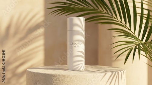 Minimalist sunscreen bottle on a stone pedestal with tropical palm leaf shadow for skincare