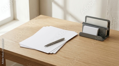 Minimalist wooden office desk with blank white paper sheets pen and stationery holder organizer