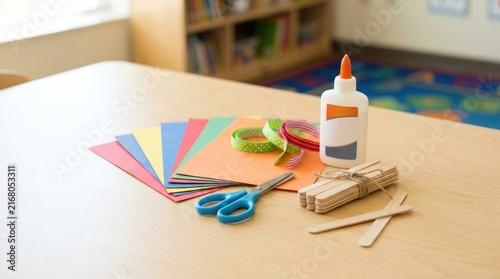 Creative arts and crafts supplies on wooden classroom table with colored paper glue and scissors