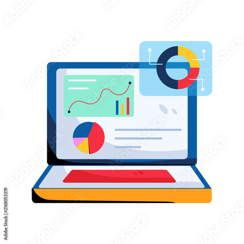 Laptop Illustration with Data Analytics Dashboard and Financial Charts