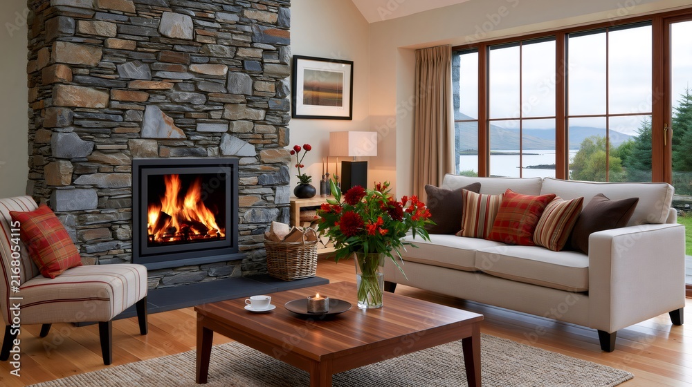 Fototapeta premium Cozy living room with stone fireplace overlooking lake view
