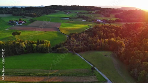 Aerial Drone View of Beautiful Rural Landscape at Golden Hour Sunset