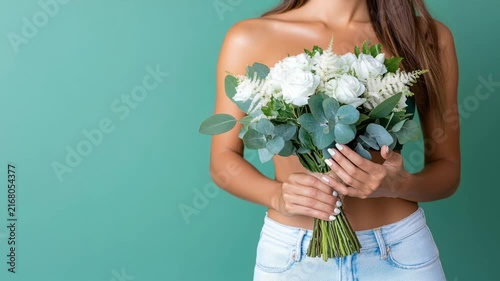 Woman holds a bouquet of white flowers in her hands while standing against a green background