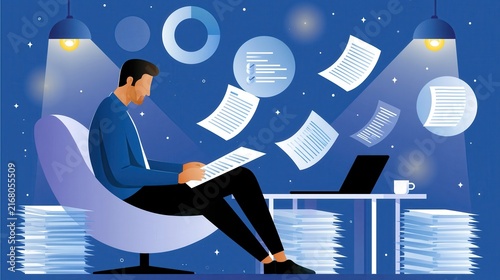 Man reviewing documents in a modern office with scattered papers and charts during late night work