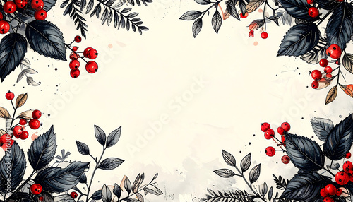 Elegant Winter Berry and Foliage Frame Watercolor Illustration for Holiday Greetings and Seasonal Design Backgrounds