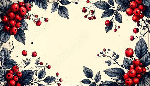 Graceful vintage botanical frame with vibrant red berries and dark intricate foliage, offering a classic touch for holiday designs, winter invitations, or festive seasonal decor